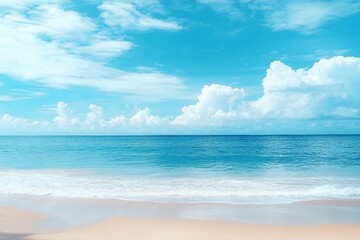 Obraz premium Beautiful tropical beach with blue sky and white clouds abstract texture background. Copy space of summer vacation and holiday business travel concept. Vintage tone filter effect color style.