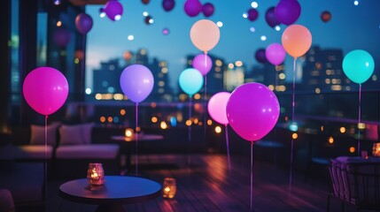 Neon-lit balloons floating above a luxury rooftop party, vibrant atmosphere, urban celebration at night. 