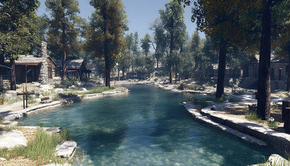 Serene Lakeside Village nestled in a lush forest. Stone cabins, tranquil water, and towering trees create a picturesque scene, perfect for relaxation and escape.