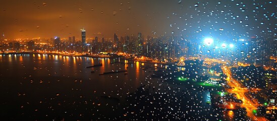 Obraz premium Night city lights through rainy window