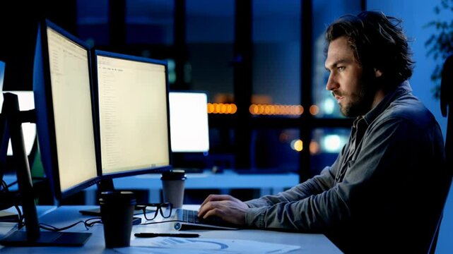 Focused programmer working late at night in office, coding on dual monitors. Technology, software development, and IT professional concept.