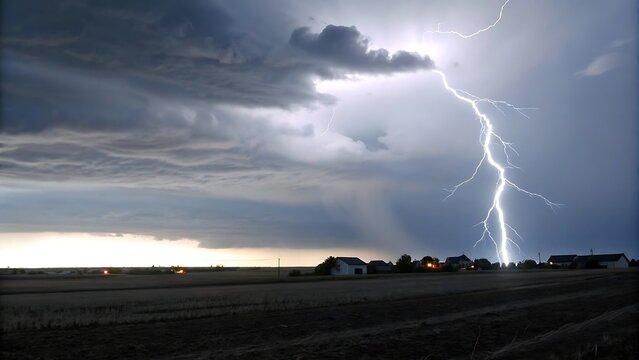 A close up photogra ph of a thunderstorm. Bright white lightning bolts bra nch out within da rk, ominous storm clouds. The sky is a deep, a lmost bla ck blue