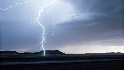 A close up photogra ph of a bright white lightning bolt striking down from da rk blue storm clouds...