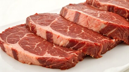 Fototapeta premium Raw ribeye steaks arranged on a rustic wooden board 