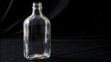 Clear glass bottle on a reflective tabletop with draped dark fabric background — Botella de vidrio transparente sobre mesa reflectante con fondo de tela oscura.

