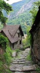 Old Stone House and Pathway with Green Foliage Leading to Mountain Views in a Rural Setting on a Cloudy Day