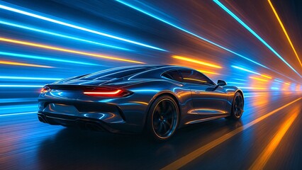 Futuristic electric vehicle speeding on a highway illuminated by vibrant neon lights, creating motion blur and a sense of high velocity in a dynamic and colorful scene