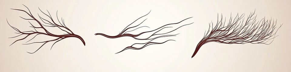 Three stylized branch illustrations, varying in style and density