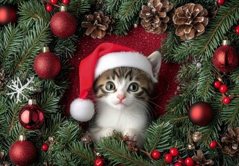 Obraz premium Adorable Kitten Wearing Santa Hat in Christmas Wreath