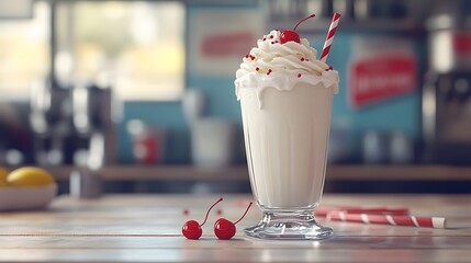 Creamy Milkshake with Whipped Cream and Cherries on Wooden Counter