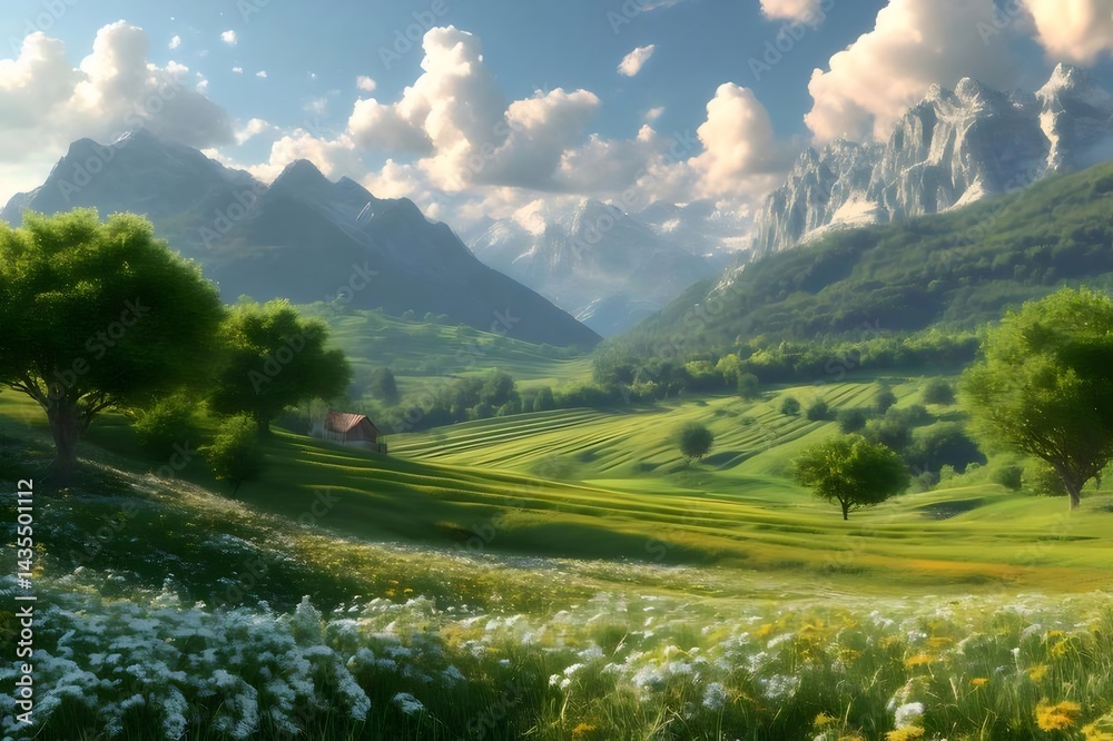Poster 緑豊かな山々と谷間の夏の風景 太陽の光が降り注ぐ草地と雲の多い青空