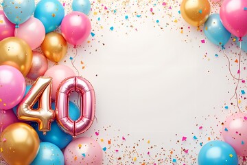 Golden number 40 balloons surrounded by colorful party balloons and confetti