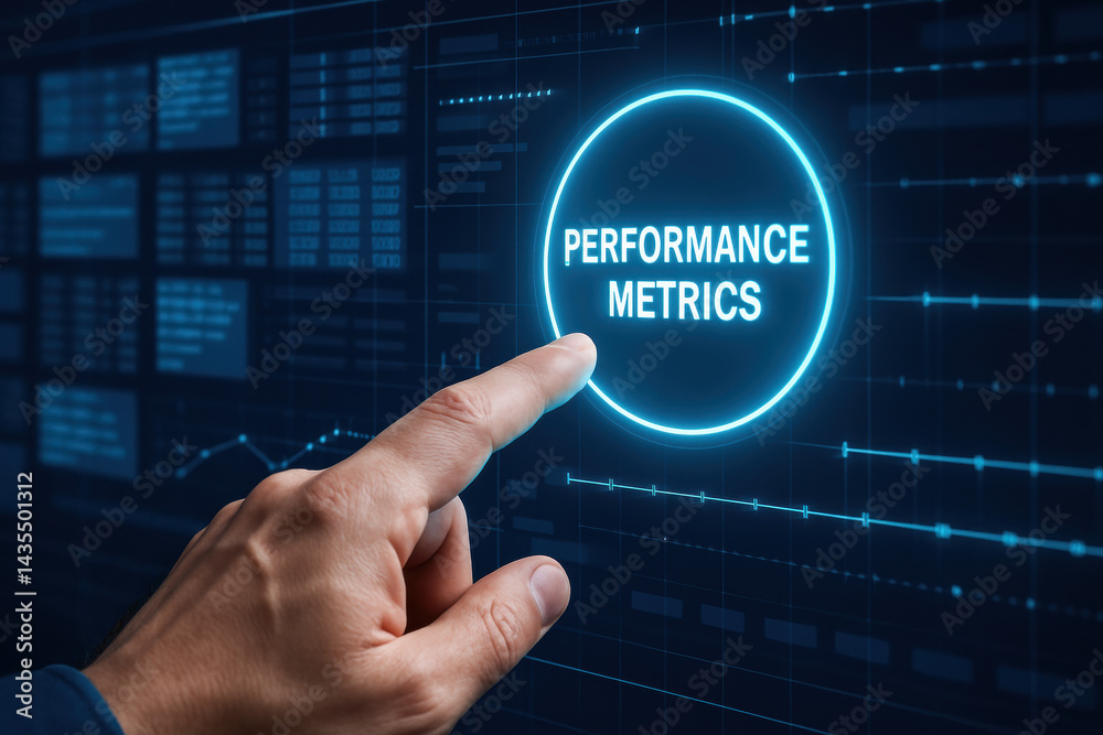 Poster a hand interacts with a futuristic touchscreen displaying performance metrics emphasizing strategic 