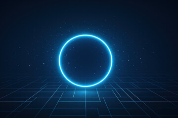 Fototapeta premium A mesmerizing blue neon ring pulsates rhythmically above a sleek minimalist tech grid creating a striking focal point that embodies modern design and strategy