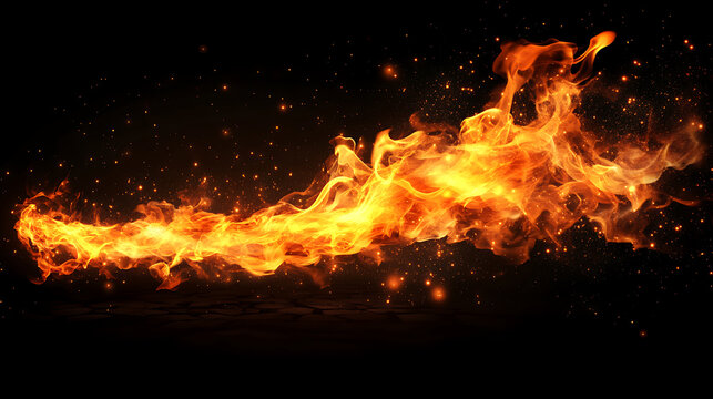 Dramatic fiery trail with glowing embers against black backdrop representing destruction power and intensity for creative graphic design elements
