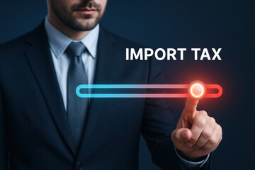 Obraz premium A businessman strategically adjusts a virtual slider towards the red zone representing import tax highlighting decision-making and leadership in financial management