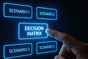 A business professional makes a strategic decision using a decision matrix interface highlighting analysis and growth opportunities within various scenarios