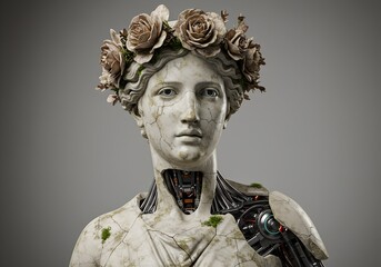 Hyper-realistic marble statue with robotic components and floral crown, blending ancient art and sci-fi