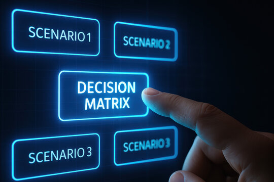 A business professional makes a strategic decision using a decision matrix interface highlighting analysis and growth opportunities within various scenarios