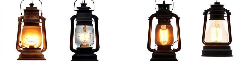 Four vintage-style hanging oil lamps with warm light