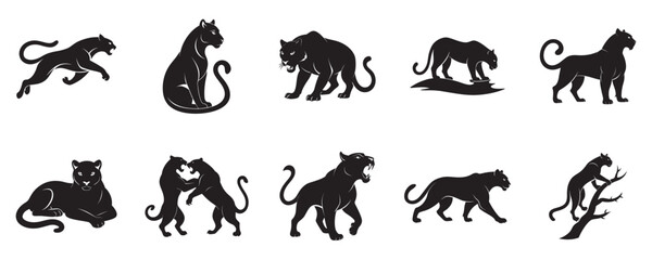 Panther Activities Silhouette Vector Set Hunting, Roaring, Leaping, Climbing on White Background