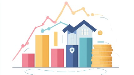 Real estate investment infographic flat design side view property market theme animation colored pastel.