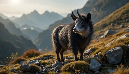 Obraz premium Majestic Takin: Mountain Majesty in Serene Sunrise
