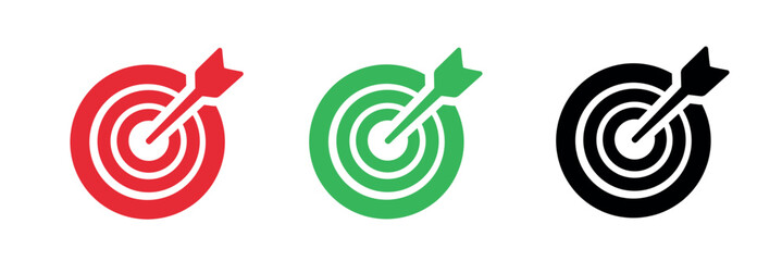 Flat icon of a target, featuring an archery bullseye with an arrow, representing a goal, victory sign, or darts bullseye