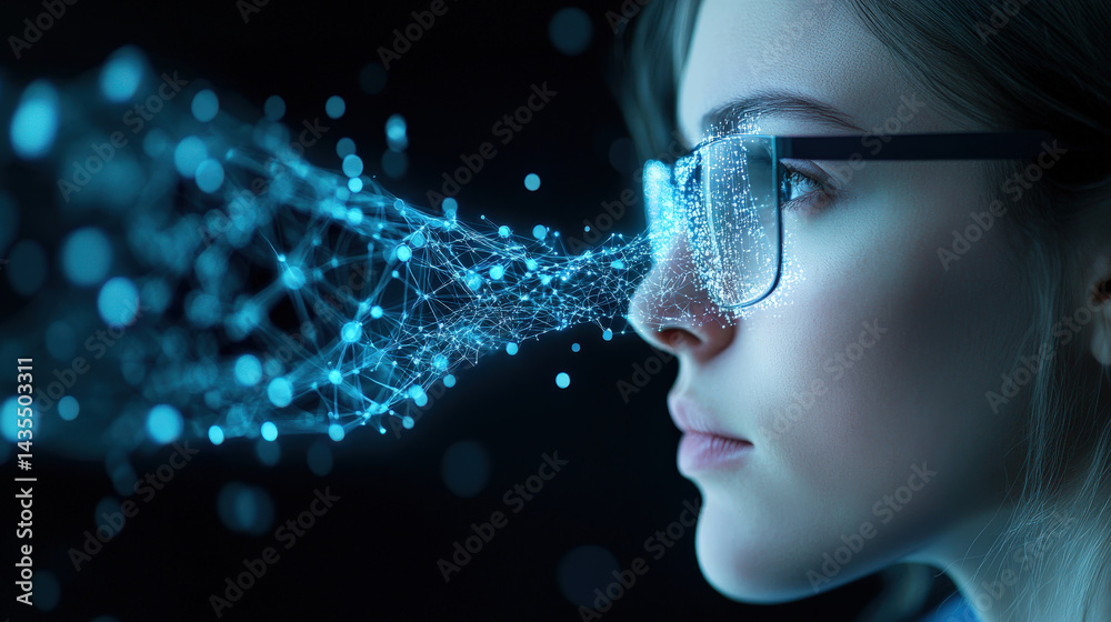 Leinwandbilder person wearing glasses is depicted with digital network extending from lenses, symbolizing connectio