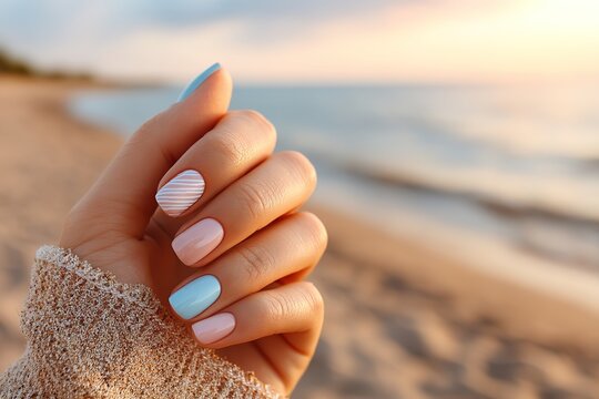 woman's hand with neat coral manicure and an accent nail of blue color with a white palm leaf image against a blurred beach and sea background under soft evening light