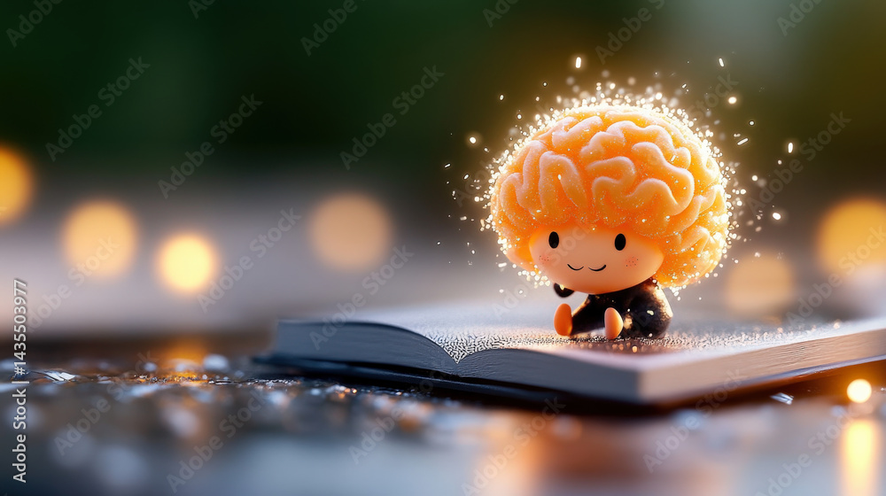 Poster whimsical illustration of character with glowing brain sitting on open book, surrounded by sparkling