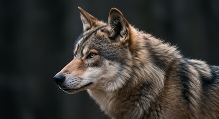 Fototapeta premium Majestic Wolf Portrait: A Serene, Dark-Background Wildlife Study