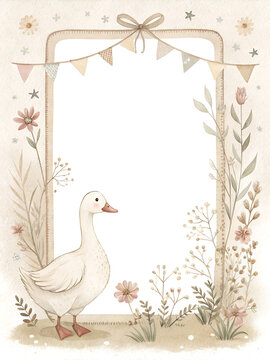 Watercolor illustration with gentle boho theme and frame. Includes goose, botanical leaves, flowers.