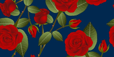 Romantic Red Rose Seamless Pattern on Navy Background