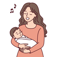 Mother singing soft lullaby while cradling baby lovingly in her arms with music notes floating around creating peaceful night atmosphere