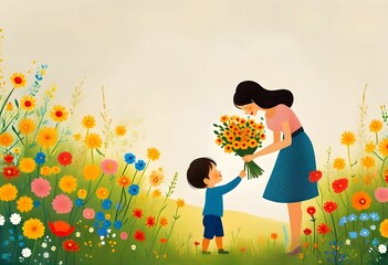 Illustration dans un style naïf représentant un petit enfant offrant un bouquet de fleurs à sa maman. Generated Image