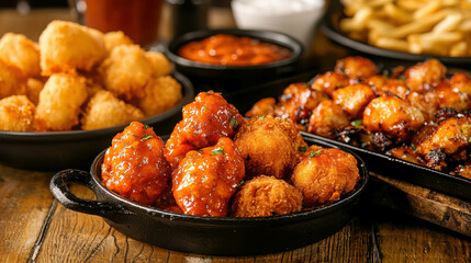 Delicious Variety of Fried Snacks and Sauces Served on Rustic Wooden Table