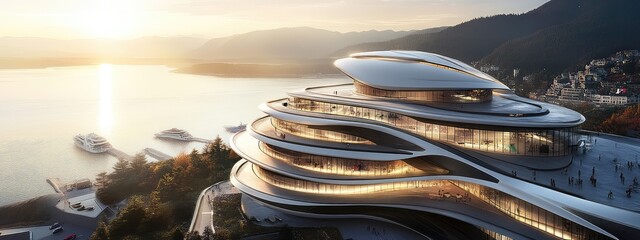 Sunset view of a futuristic, multi-level coastal building with flowing, organic architecture