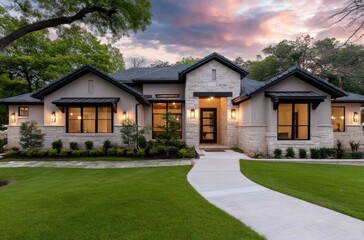 A beautiful, modern single-story home in the heart of Texas, featuring a large front yard with green grass and an illuminated entrance at dusk