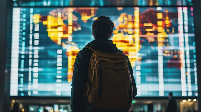 Traveler examining real-time digital flight map on high-tech airport terminal display. Global aviation network and worldwide connections during international travel journey for seamless navigation.