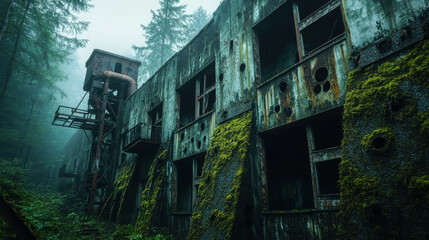 Abandoned industrial building in foggy forest showcasing rust and nature reclaiming space