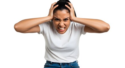 Fototapeta premium a woman wearing a white shirt with an angry expression while holding her head with both hands