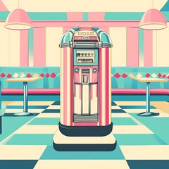 Pastel Retro Diner with Pink Jukebox and Checkered Floor