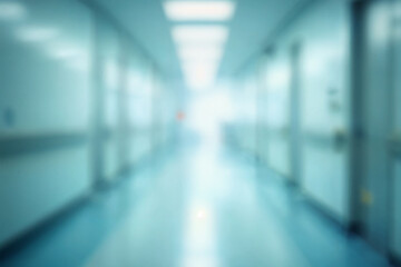 Fototapeta premium Blurred Hospital Corridor Sterile Clean Medical Blue Hallway Walls Doors with Light Interior Perspective