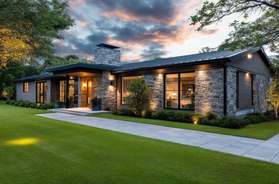 the front view of a modern, single-story home in Leander, Texas, with green grass and a tree-lined driveway, sunset lighting