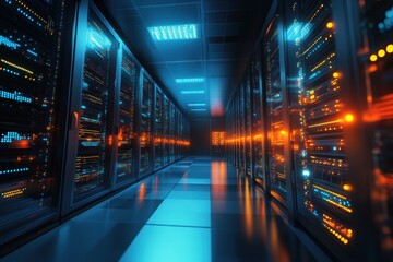 A futuristic server room with glowing neon lights and rows of advanced computing equipment, showcasing cutting-edge technology, cloud data systems, and modern digital infrastructure.