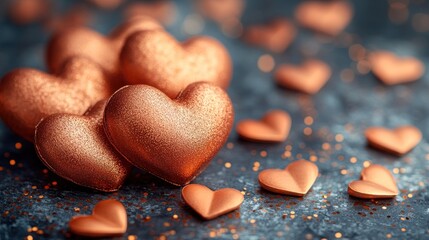 Obraz premium Rose gold hearts on dark background with glitter.