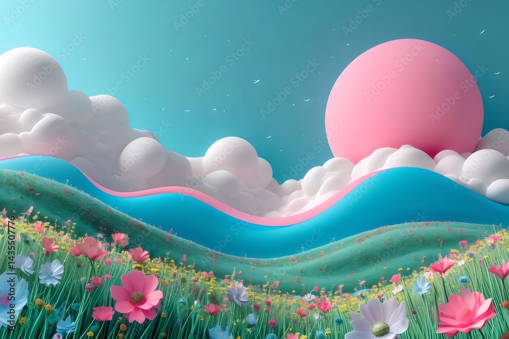 Poster 青い空の下 丘の上に咲き誇る様々な色の花々とピンクの太陽の風景