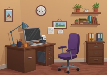 A cartoon office space with a desk, computer, chair, shelves, and various office supplies present