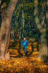 Outdoor adventurer with beard in a blue jacket enjoying a peaceful autumn hike among tall trees and vibrant leaves.